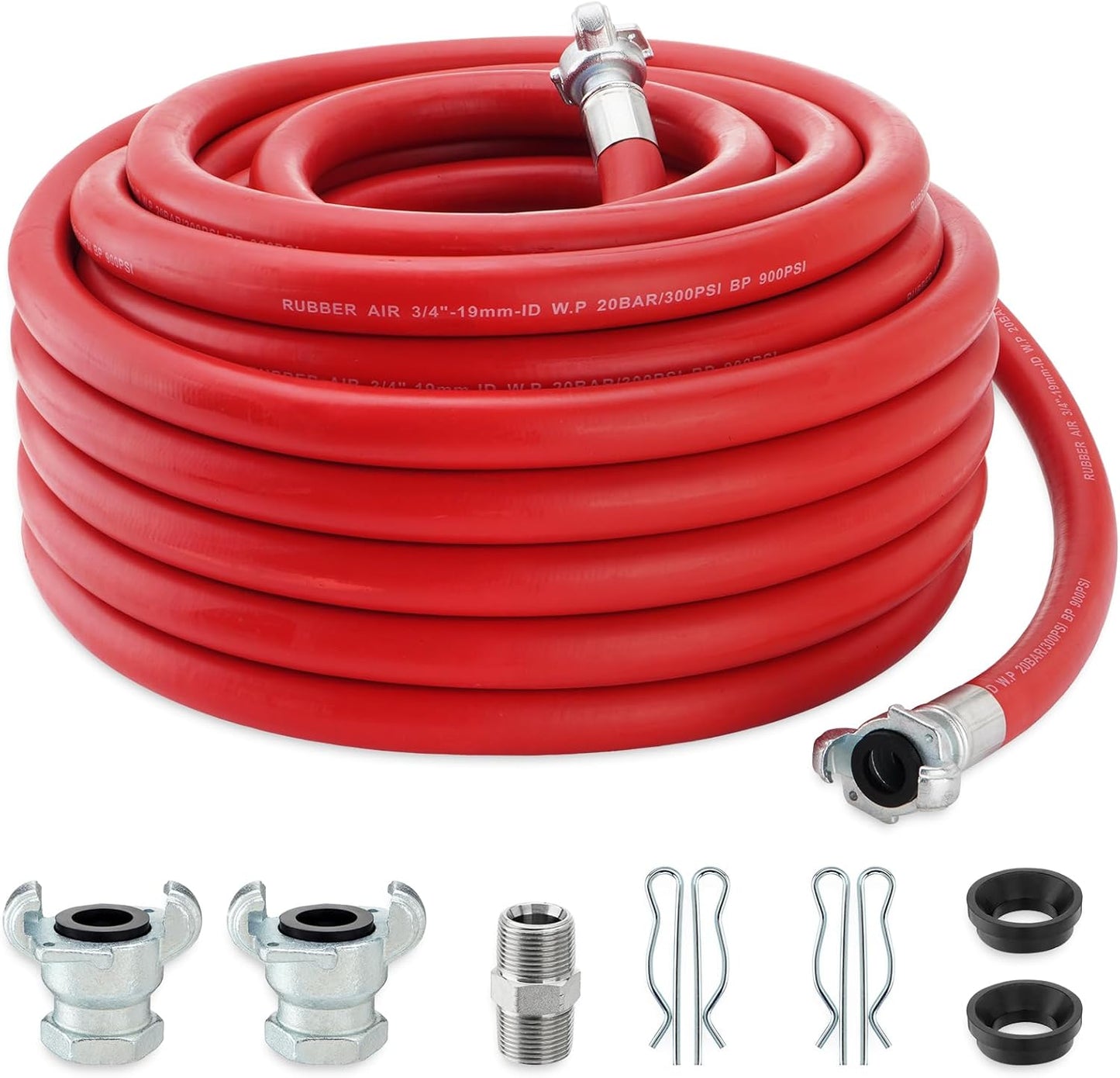 3/4 Inch x 100 FT Red Jackhammer Air Hose with Male NPT Nipple and Female NPT Air Hose Fitting, Air Tools