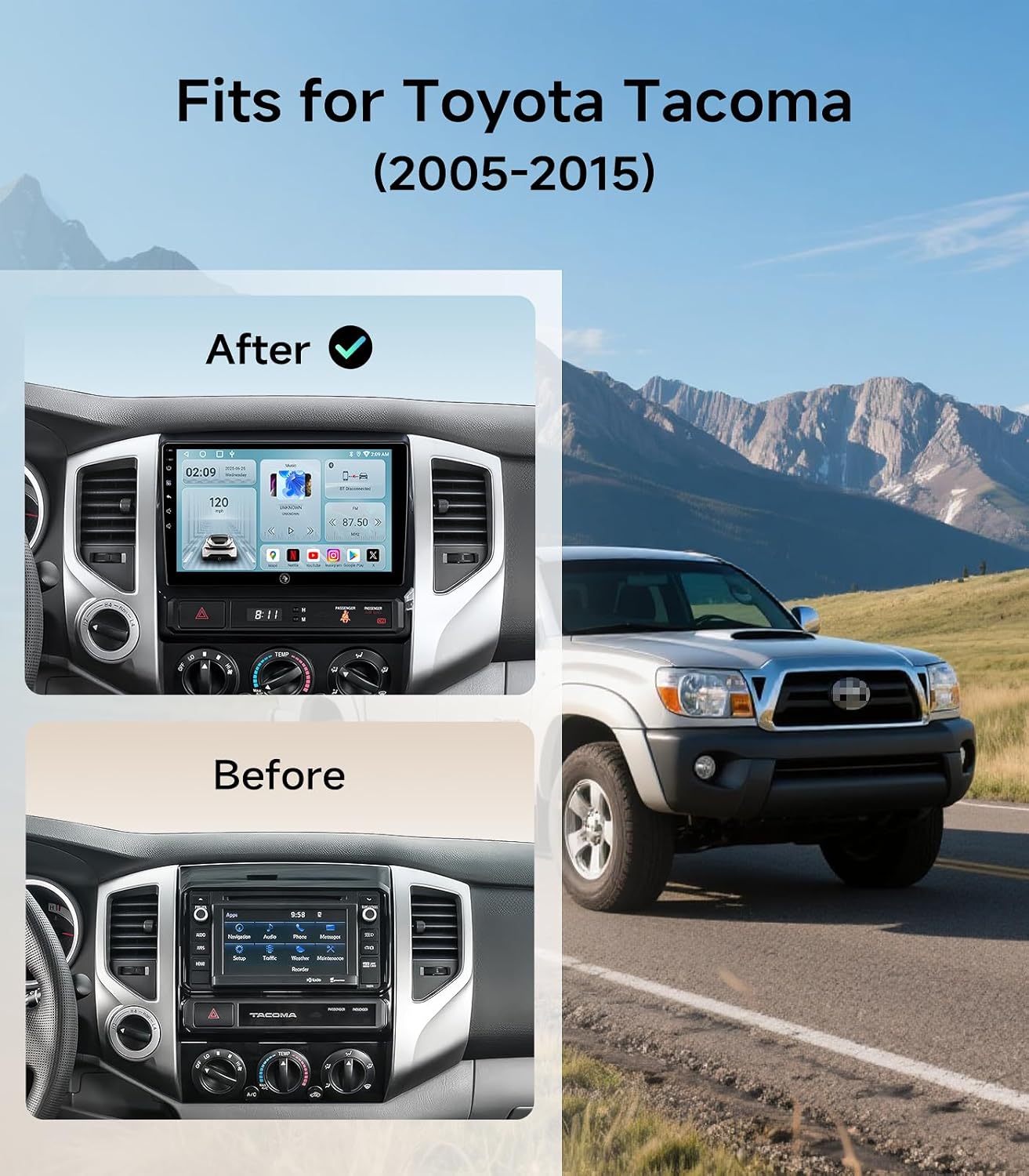 9 Inch Car Stereo Radio for Toyota Tacoma 2005-2015, Wireless CarPlay & Android Auto, 5G WiFi GPS Navigation, IPS HD Touch Screen, Bluetooth FM Radio SWC, Plug and Play, with 1080P Backup Camera