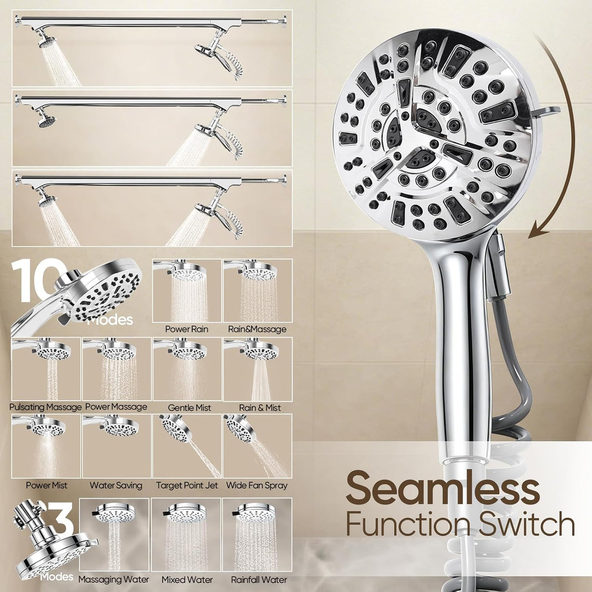 [Ondaqua] High Pressure Dual Shower Head for Couples 53-78" Adjustable Silver Chrome