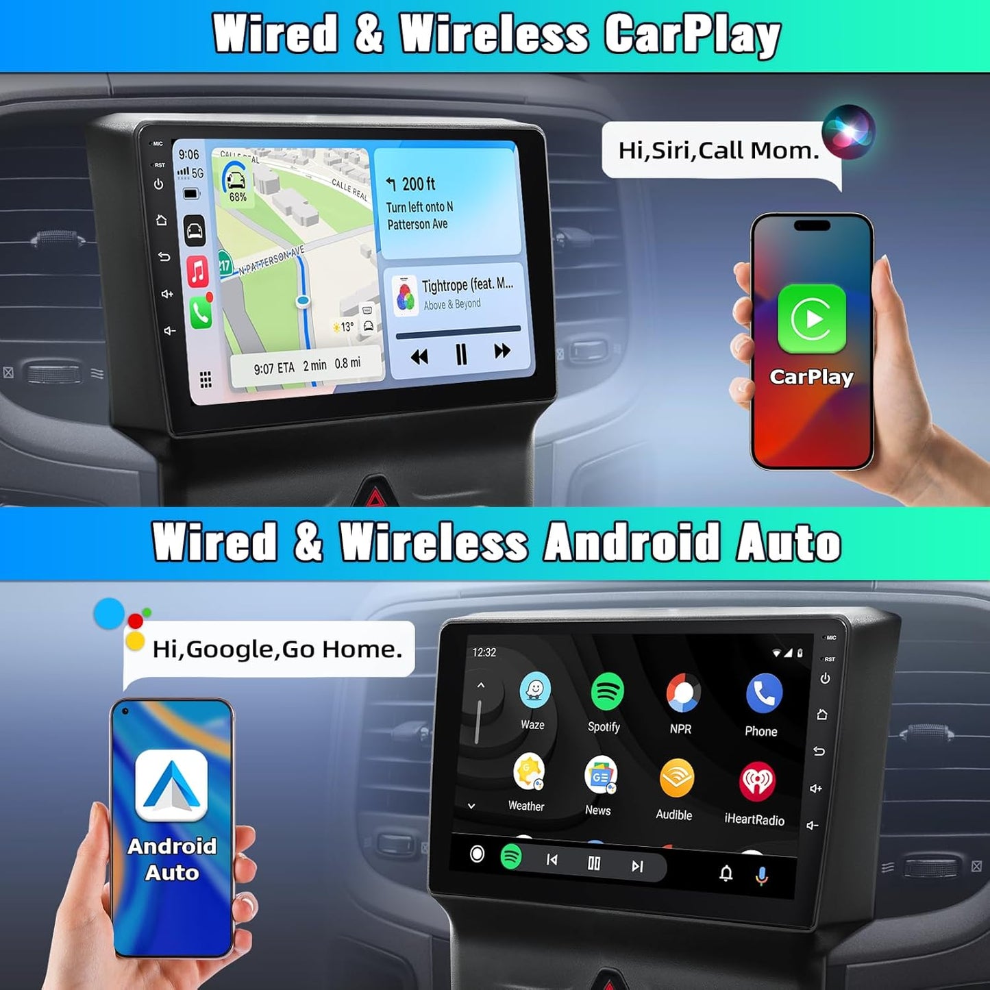 Car Radio Stereo for Dodge Ram 1500 2500 3500 2013-2018 with Manual A/C, Wireless CarPlay & Android Auto, 9 inch Touch Screen Android 15 4-Core 2G+32G, Bluetooth, GPS, SWC, FM/AM