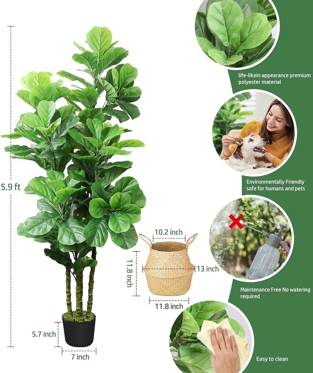 6ft Artificial Tree Indoor with Woven Seagrass Plant Basket, Artificial Fiddle Leaf Fig Tree Fake Tree Faux Plant Indoor