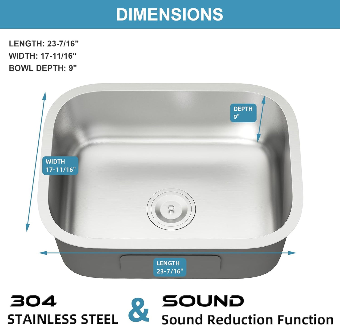 Stainless Steel Kitchen Sink, 23 Inch Undermount 18 Gauge Extra Thick Spacious Single Bowl Sink, Rust Resistant