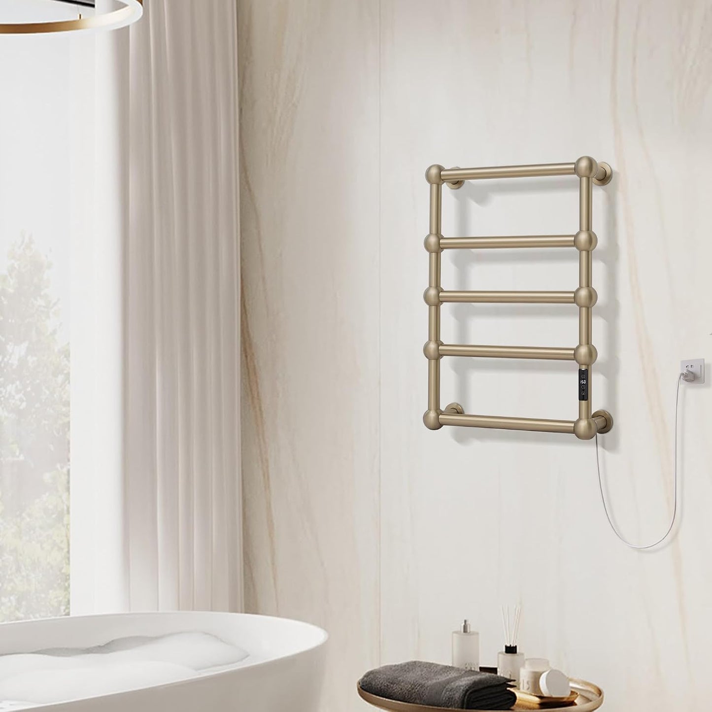 Electric Heated Towel Warmer Rack for Bathroom with Voice Control Alexa & Google Home,TUYA Wall-Mounted,Plug in,Stainless Steel,Brushed Brass,27.56 * 19.69 * 4.92 in,Sphere,Space Saving 5 Bar Brushed Brass With Wifi & Sphere