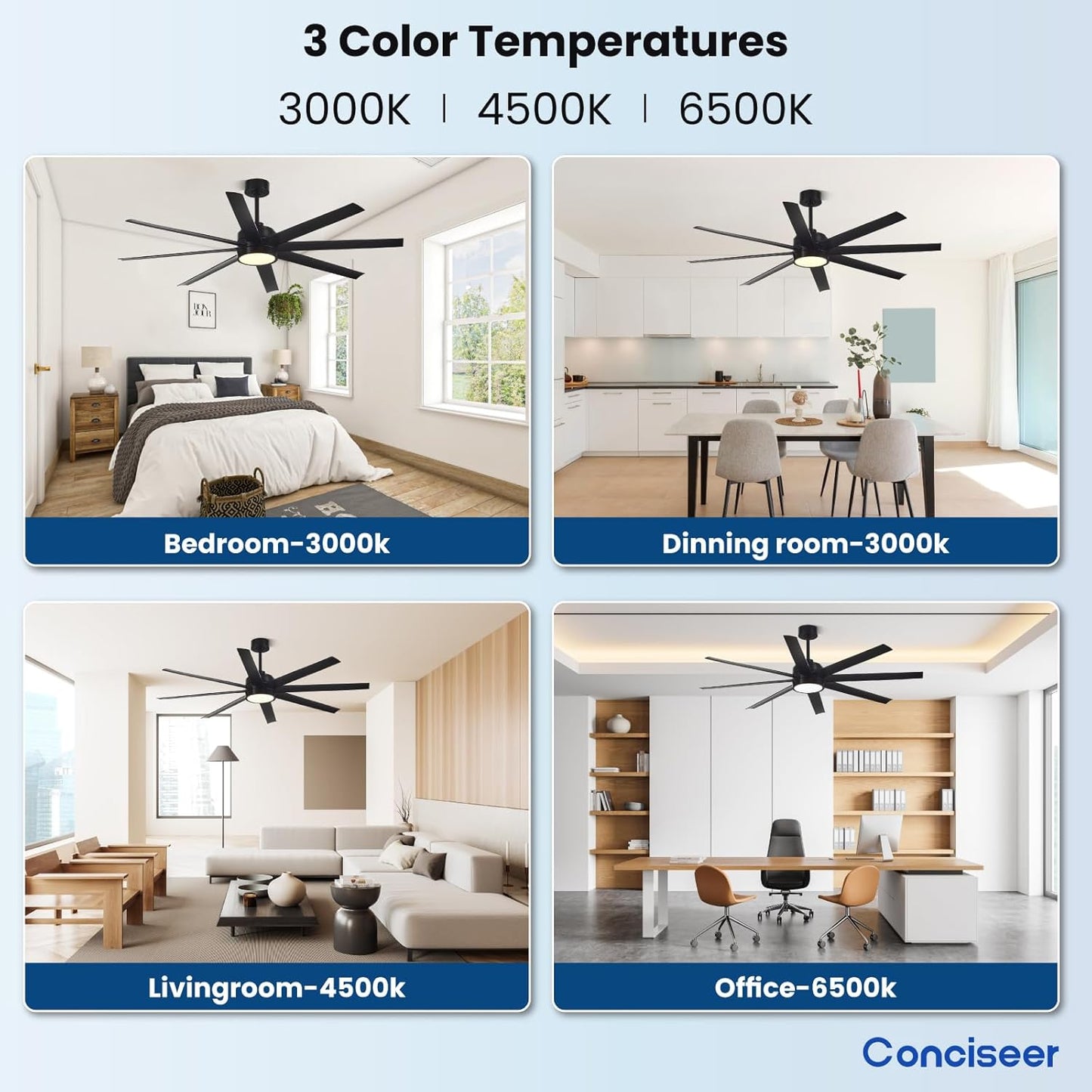 Conciseer Morden Ceiling Fans with Lights,65 Inch Ceiling Fans with Remote for Bedroom Living Room Kitchen, 8 Blades 6 Speed Reversible Quiet DC