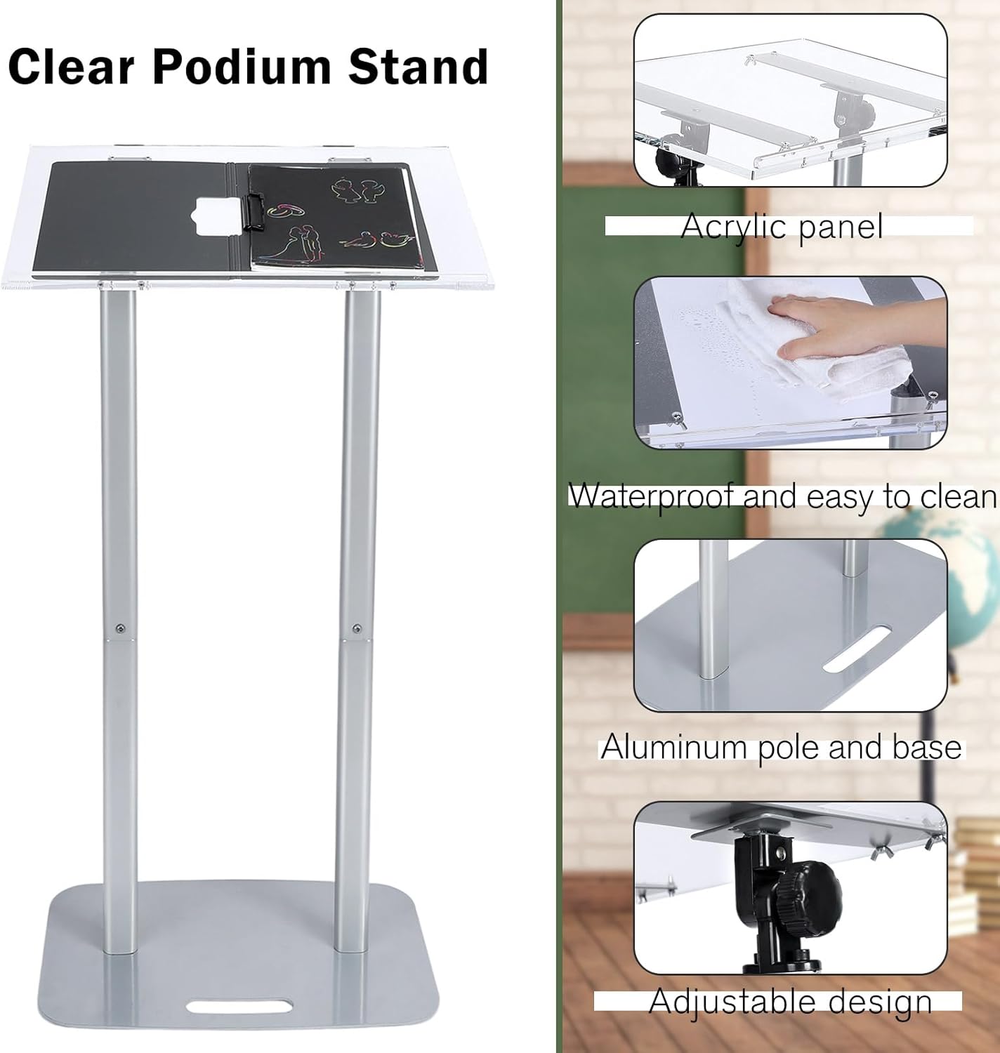 Kigley Acrylic Podium Stand Clear Podium Lectern 43.3&#39;&#39; Tall Floor Standing Speaking Podium with Adjustable Angle 30-90 Slanted Top Silver