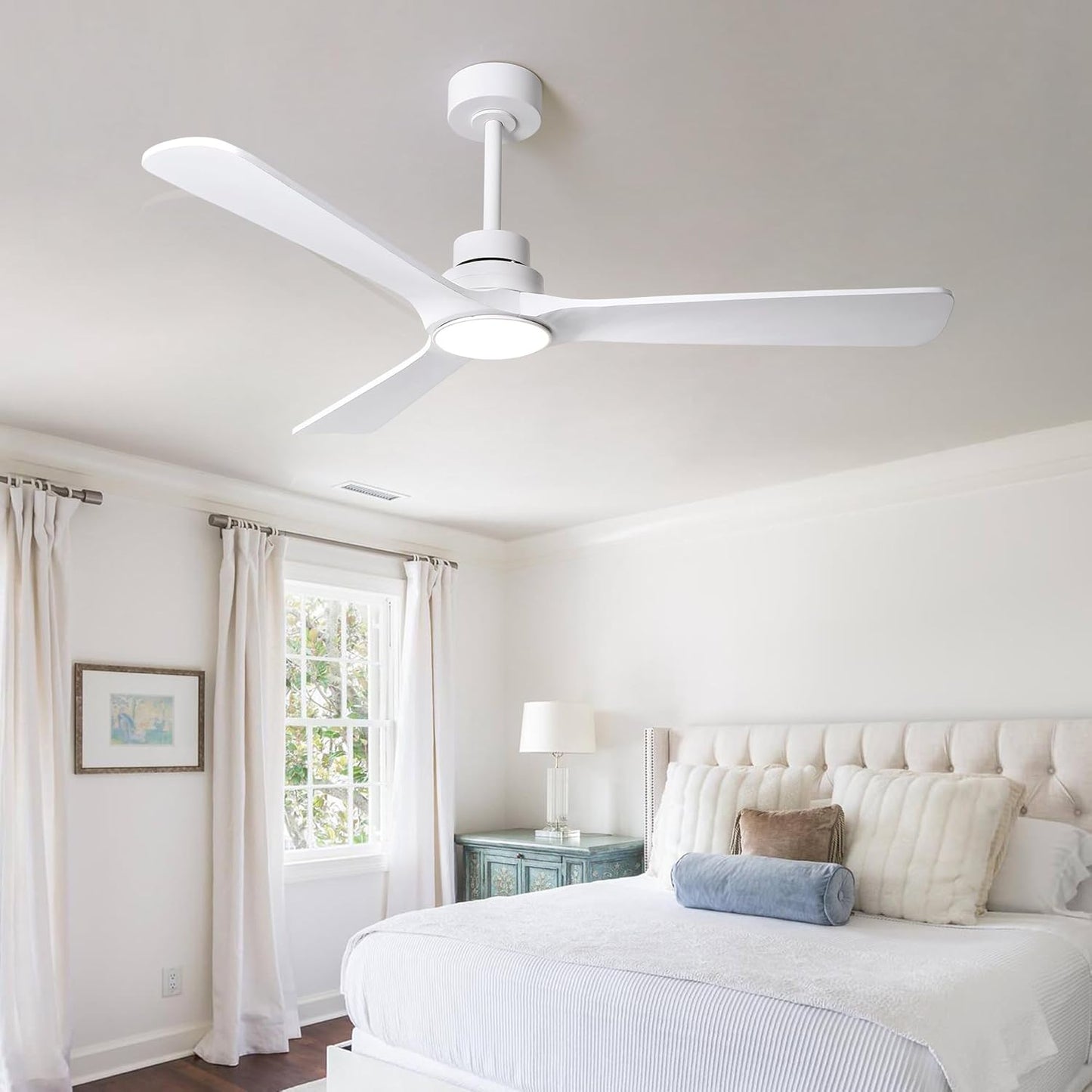 52' Wood Ceiling Fan with Lights and Remote, Reversible DC Motor 6-Speed Ceiling Fan, 3 Blades White Ceiling Fans for Bedroom/Living Room/Kitchen