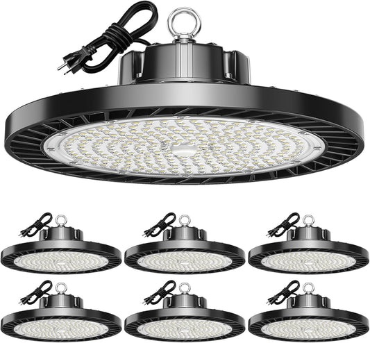 UFO LED High Bay Light 5000K 200W 30000LM AC100-277V with plug High Bay Led Shop Lights Suitable for Warehouse Workshop Factory Gym Garage Barn 6 Pack