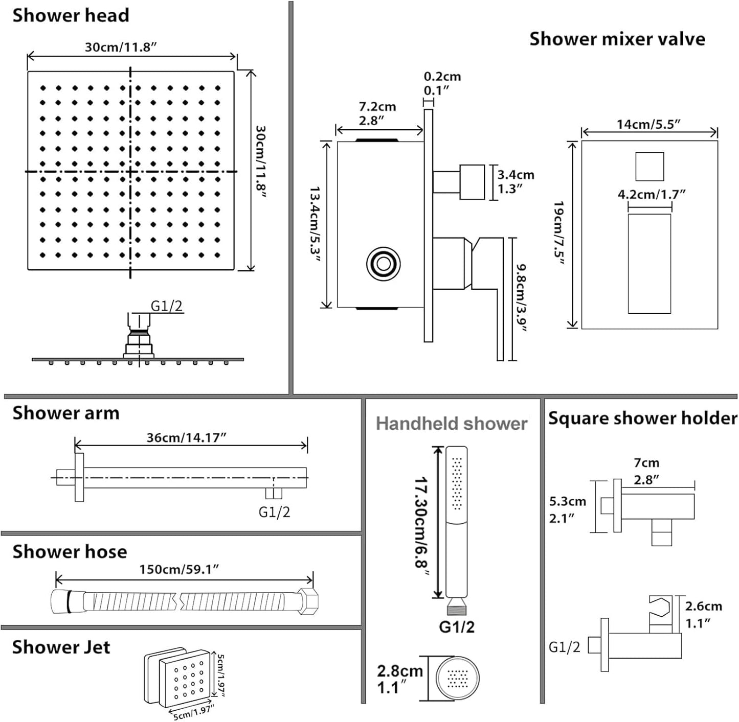 Rainfall Shower Faucet with 4 Full Body Shower Jet Fixture Combo, Shower System Set with 12 Inch Rain Mixer Shower Head and 2 in 1 Handheld Showerhead