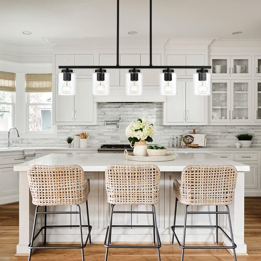 TODOLUZ Black Kitchen Island Pendant Lighting, 5-Lights Farmhouse Hanging Pendant Light Fixtures with Clear Glass Shade for Dining Room Pool Table