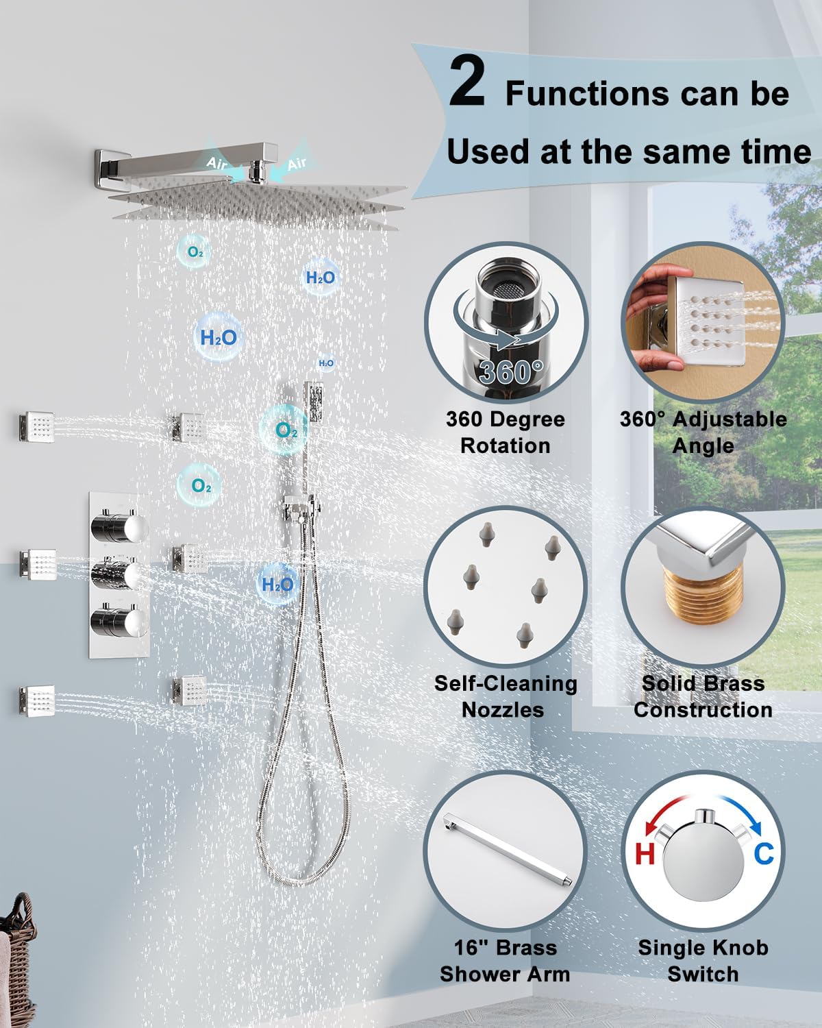 MONDAWE 12 In Thermostatic Shower System with body jets. Wall Mount Rainfall Dual Shower Heads with 3-Spray Patterns, Chrome (Chrome-B)