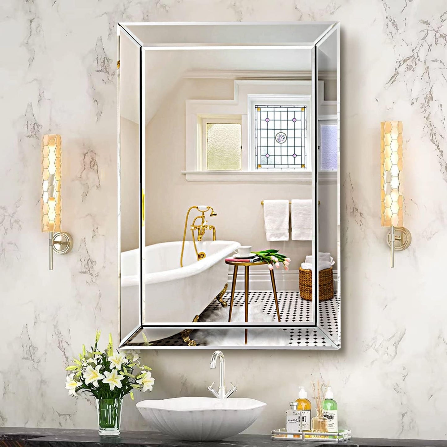 Pregaspor Mirror on Mirror Wall Mirror for Bathroom, 24' x 36' Rectangular Frameless Bathroom Vanity Mirrors for Wall, Polished Beveled Edge