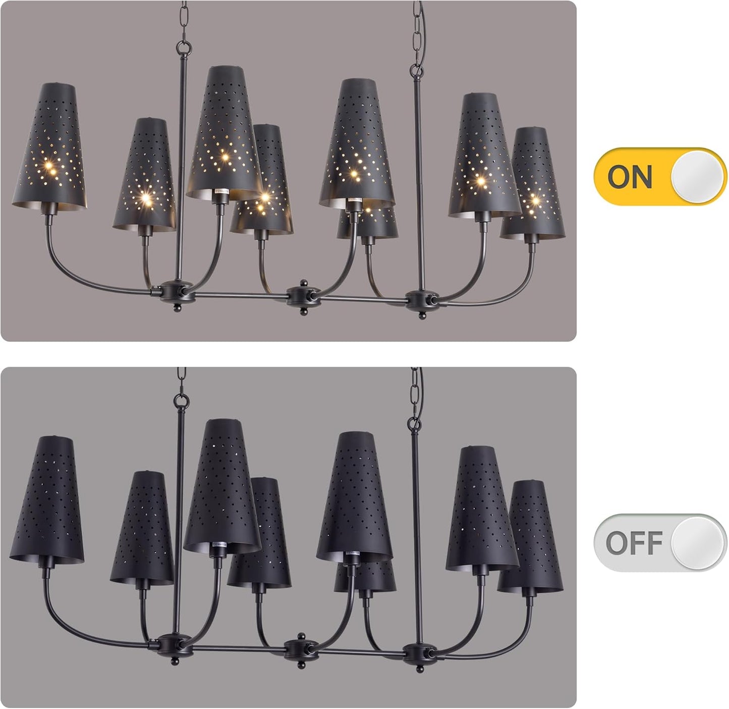 Wellmet Black Chandelier, 47 Inch Farmhouse Pendant Lights Fixture with 8-Lights, Linear Chandeliers with Metal Shade Hangi