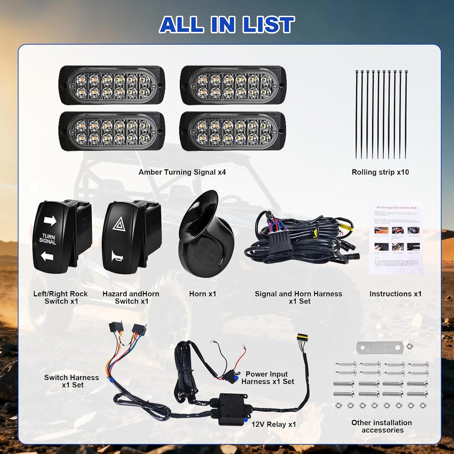 UTV Turn Signal Kit with 2 Rocker Switch and Dual Row 12 LED Beads Amber Light with Rocker Switch