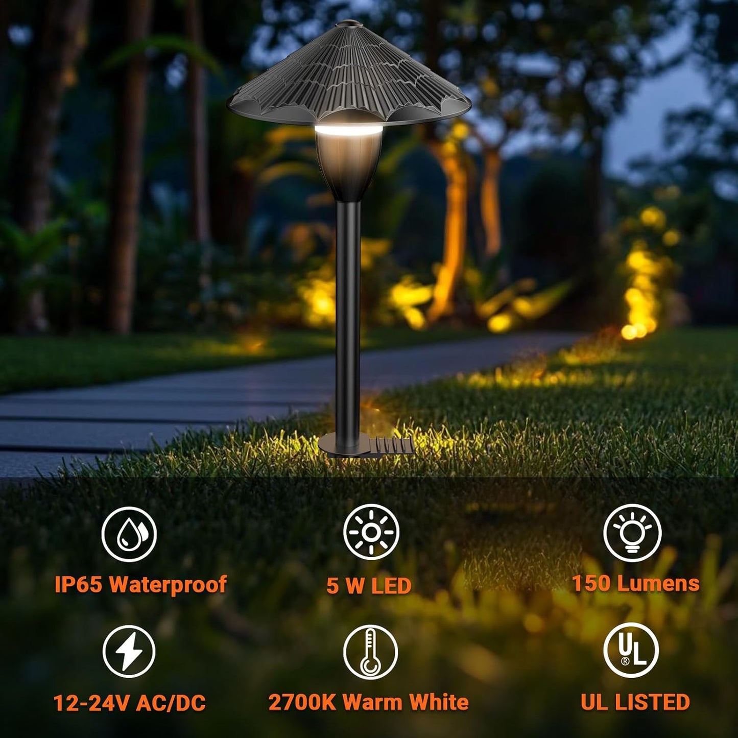 Cuguords 5W Low Voltage Pathway Lights,Outdoor Wired LED Landscape Path Lights,AC/DC 12-24V UL Listed Cord Cast-Aluminum Waterproof,2700K Low Voltage