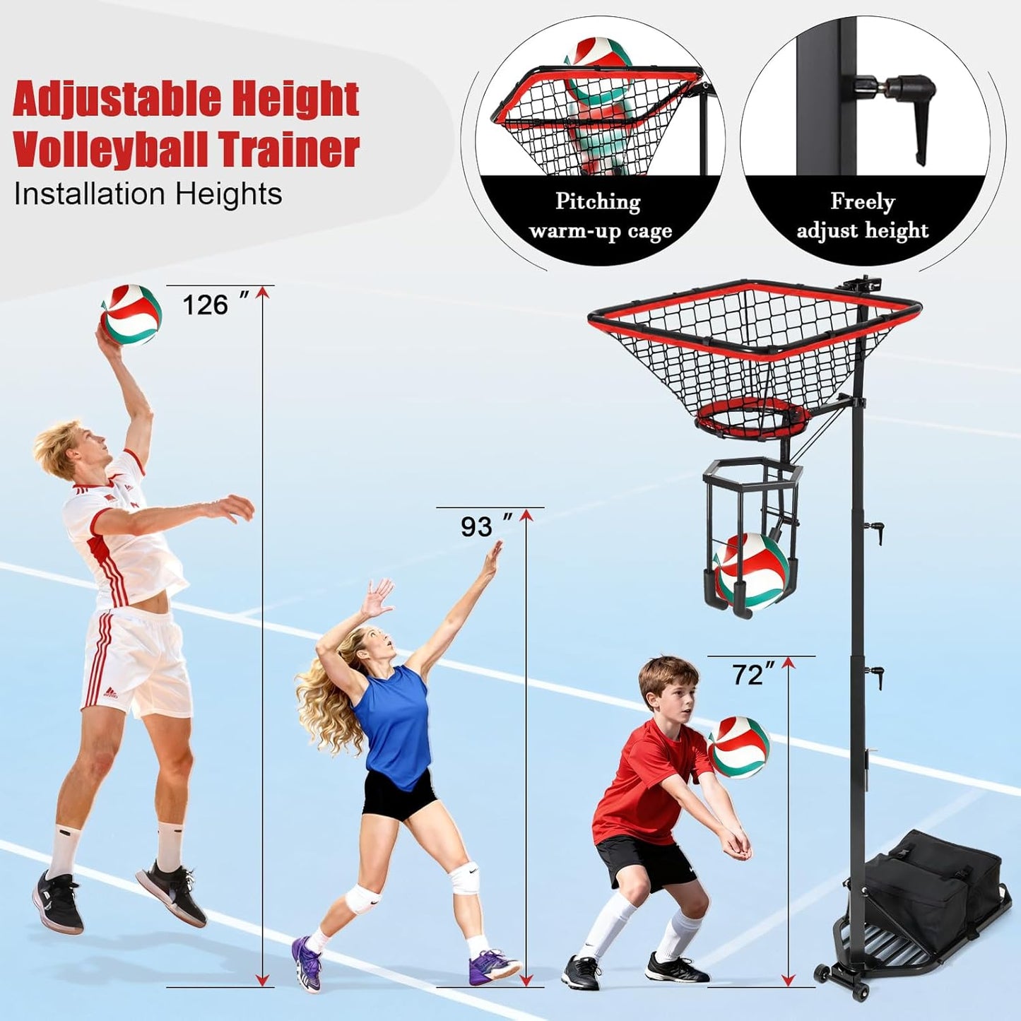 Volleyball Spiking & Setting Trainer, Adjustable Height 93"-126" Solo Practice Equipment, Heavy Duty 88LBS Sandbag Base with Transport Wheels for Indoor Outdoor Backyard Training