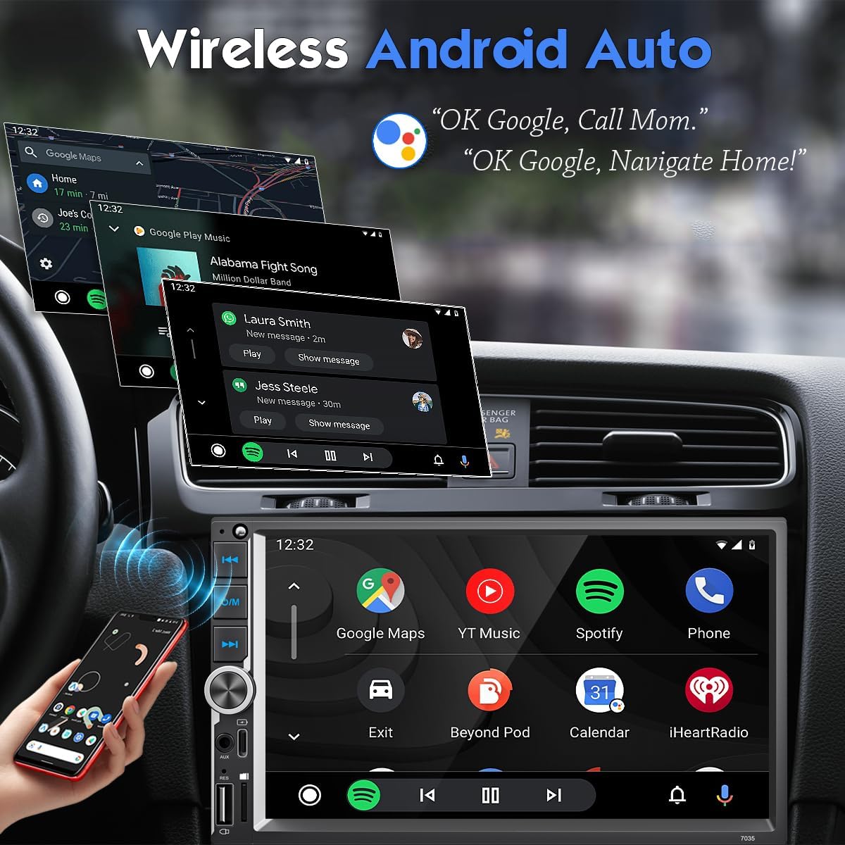6.9 Inch Car Stereo with Wireless Apple CarPlay & Android Auto, Wireless AirPlay Mirror Link, Double Din Radio with 1024*600 Toucscreen, AM/FM RDS, Bluetooth, Type-C/USB/TF/AUX, 12-LED Backup Camera