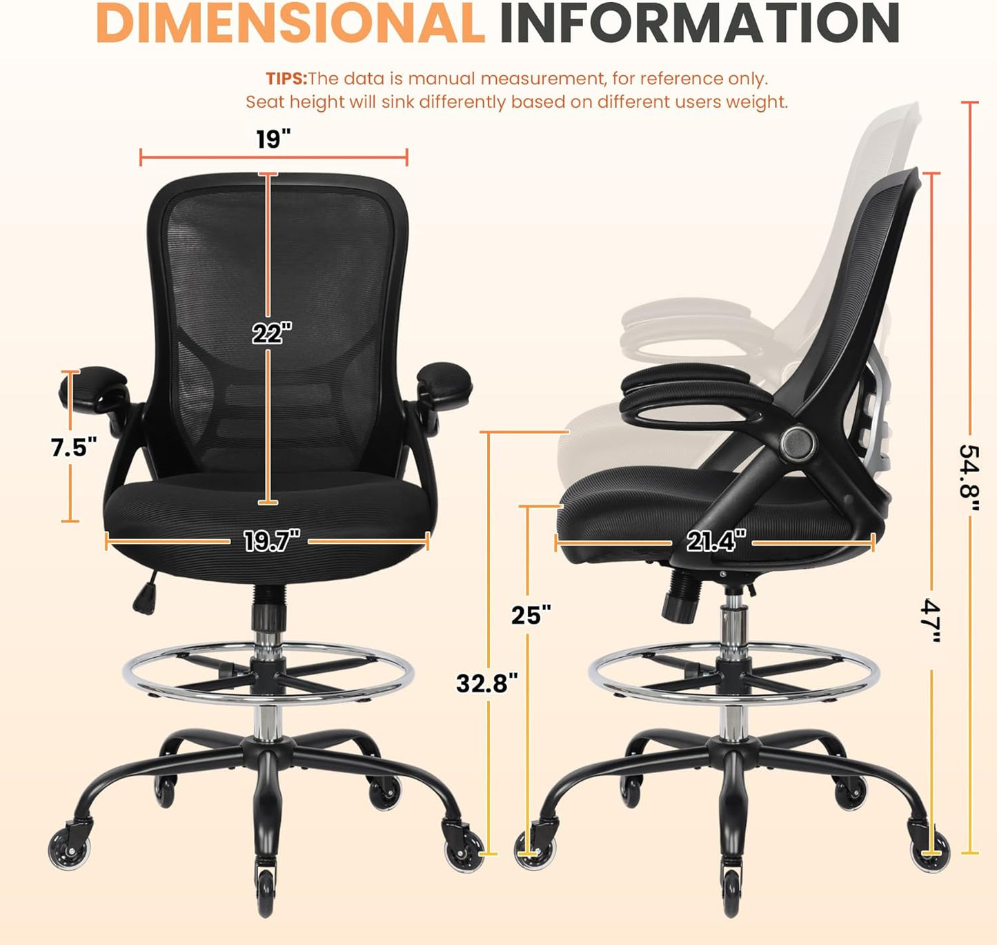 HYLONE Drafting Chair Tall Office Chair, High Ergonomic Standing Desk Computer Stools with Rubber Wheels, Flip-up Armrests, Adjustable Height and