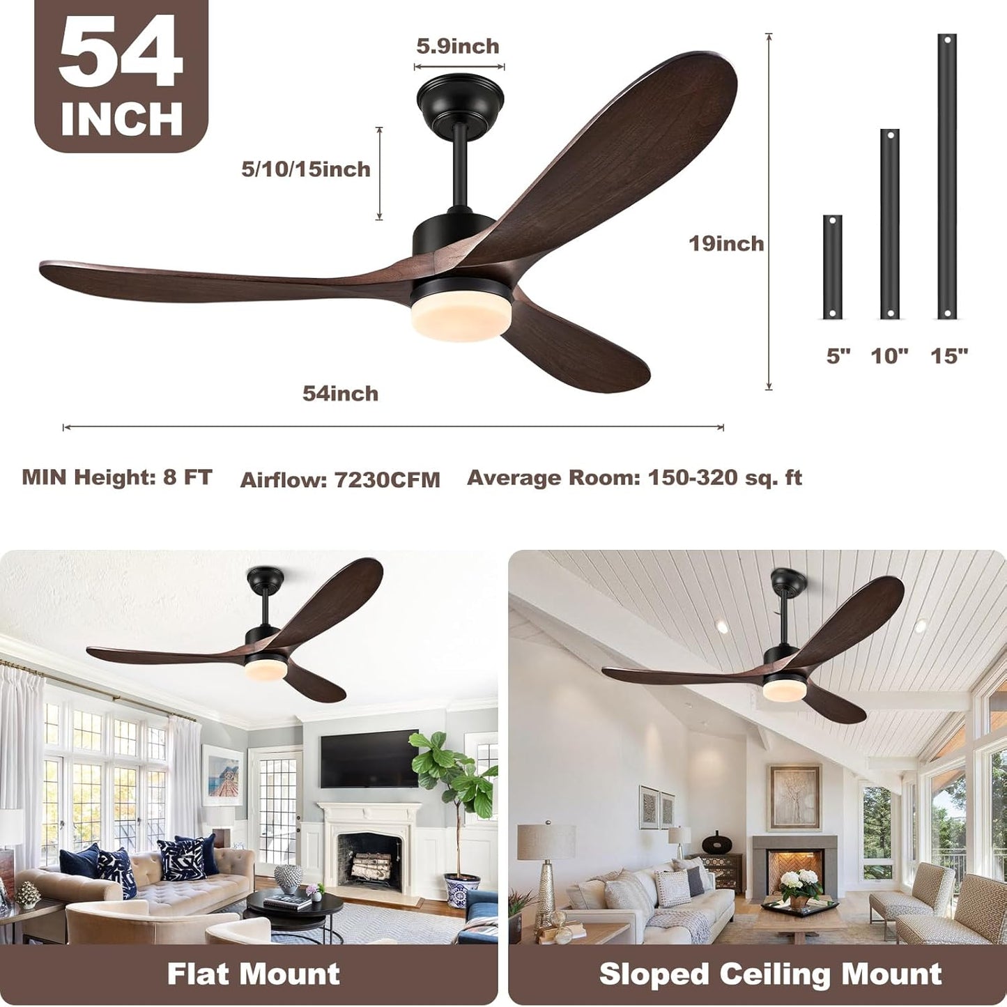 Eliora 54 inch Outdoor Ceiling Fan, Outdoor Ceiling Fans for Patios with Light and Remote, 3 Solid Wood Blades, Quiet DC Motor, Outdoor Ceiling Fans