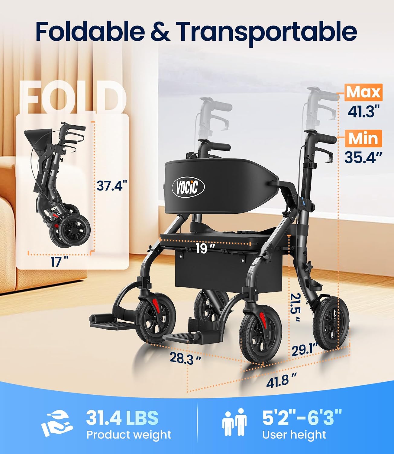 Walkers for Seniors Z59, 2 in 1 Walker Wheelchair Combo, 400 LBS Weight Capacity, 10" All Terrain Rollator with Cup Holder