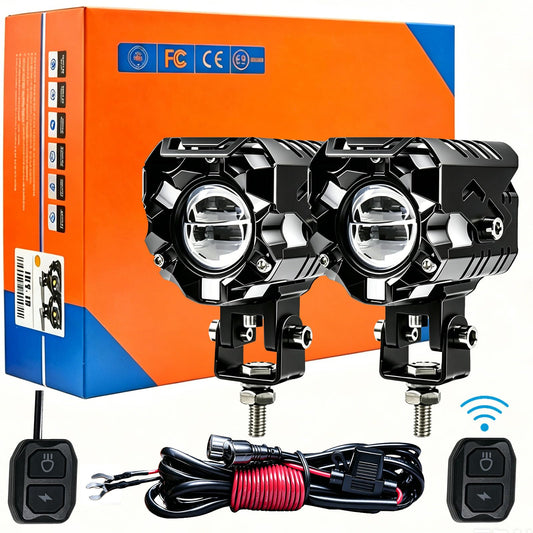 15000LM Motorcycle Driving Lights, Dual-Lens LED Fog Light Kit with Cooling Fan, Wireless & Inline Switch, External Driver, Quick-Release Connector, IP68, 5 Modes & Turn Signal (JRY13)