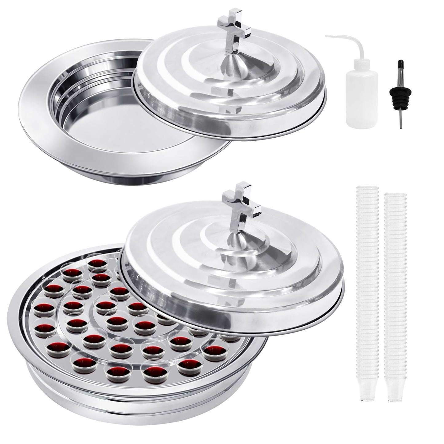 Communion Set Holy Trays,2Pcs Stainless Steel Communion Trays,Dining Set with Squeeze Bottle & Liquid Dispenser, Includes 100 Disposable Cups,for Church Service