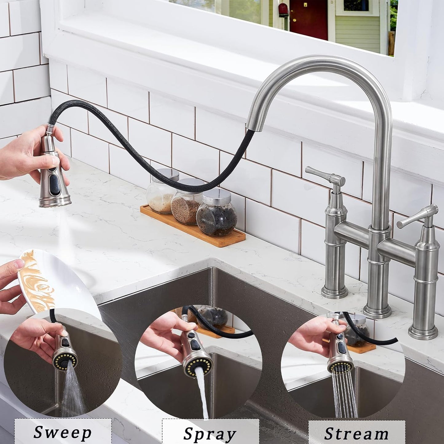 Brushed Nickel 3-Types Water Bridge Kitchen Faucet with Pull-Down Spray-head, 3 Hole Farmhouse Kitchen Sink Faucet