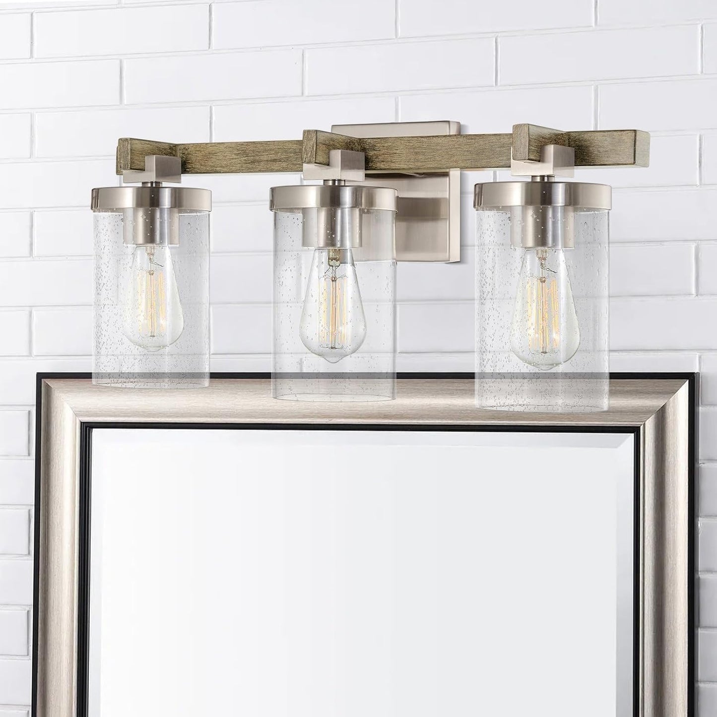 Kira Home Concord 22&#34; 3-Light Farmhouse Vanity/Bathroom Light + Seeded Cylinder Glass Shades, Reclaimed Oak Wood Style + Brushed Nickel Finish