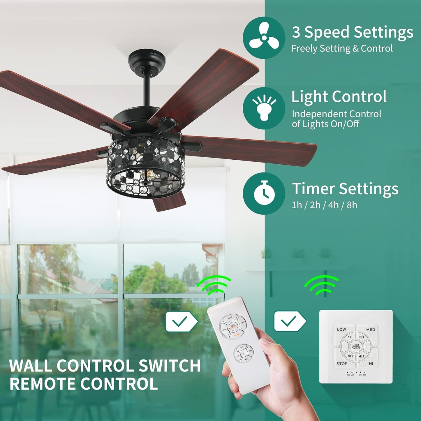 YITAHOME Ceiling Fans with Light and Wall Switch Remote, 52 Inch Modern Farmhouse Outdoor Fan with 2 Bulbs, Clear Crystal Glass, Quiet Reversible