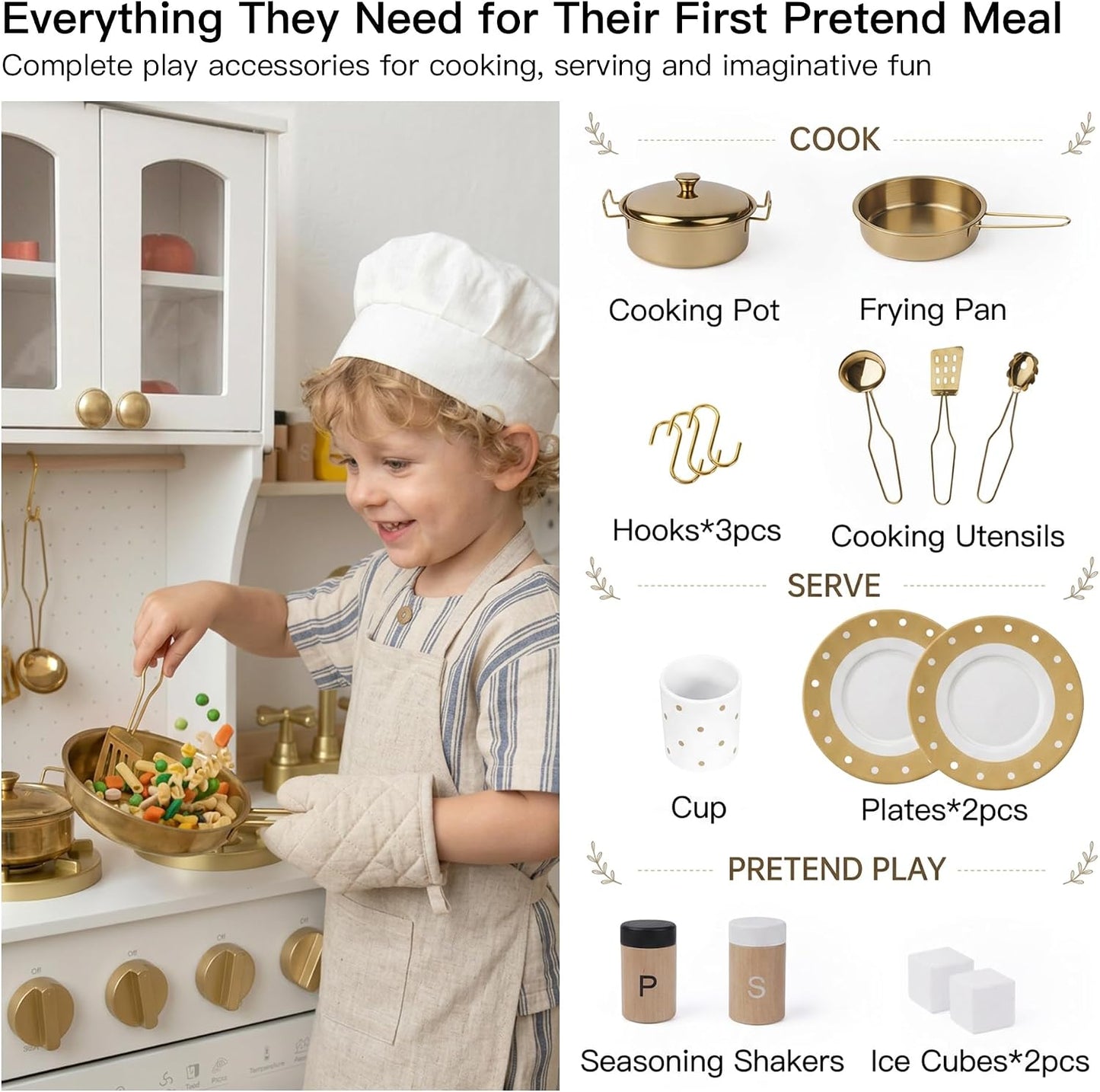 Wooden Play Kitchen for Kids with Extra Storage & Accessories, Kids Kitchen Playset, Pretend Play Toy Kitchen Set, Gift for Kids Ages 3+