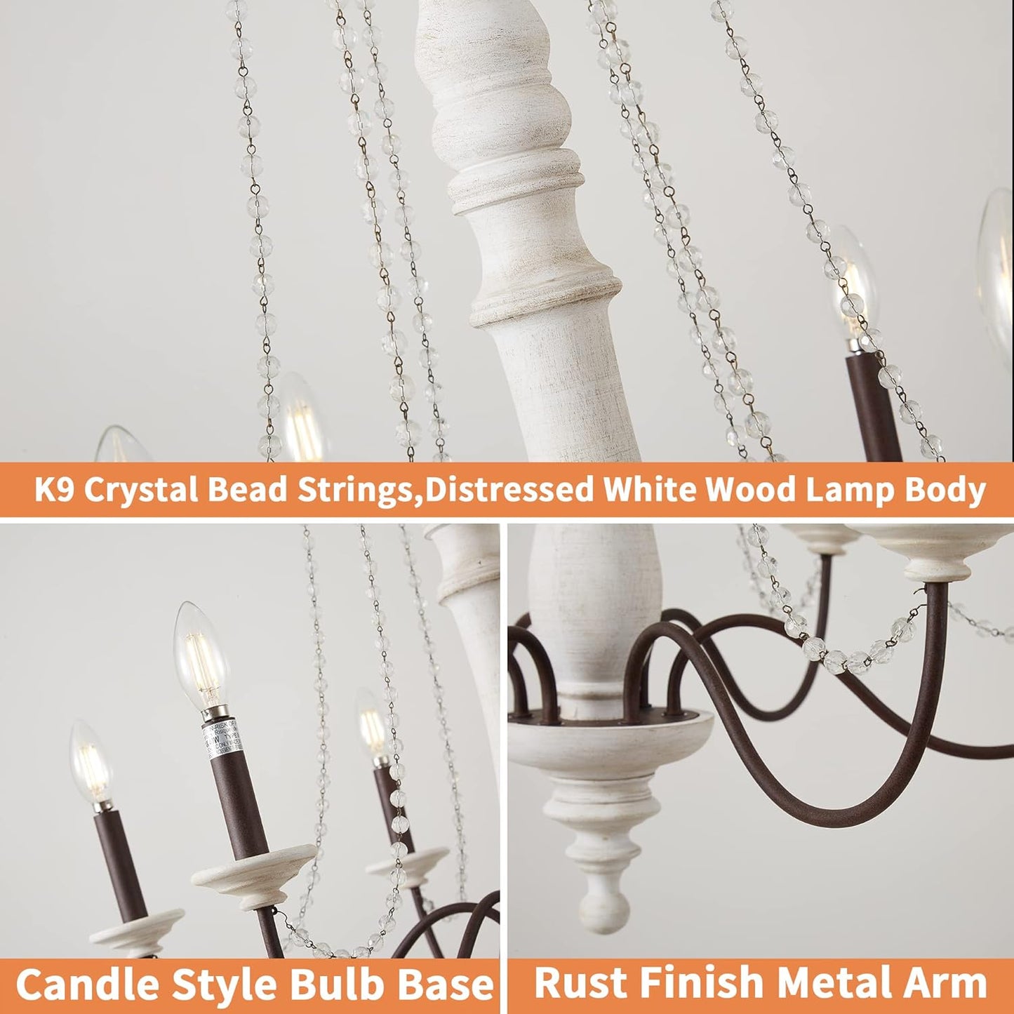 Yifi Deco French Country Chandelier, 25.5in Handmade Real Wood Farmhouse Chandelier Candle Style Hanging Pendant Lighting for Living Room Dining Room