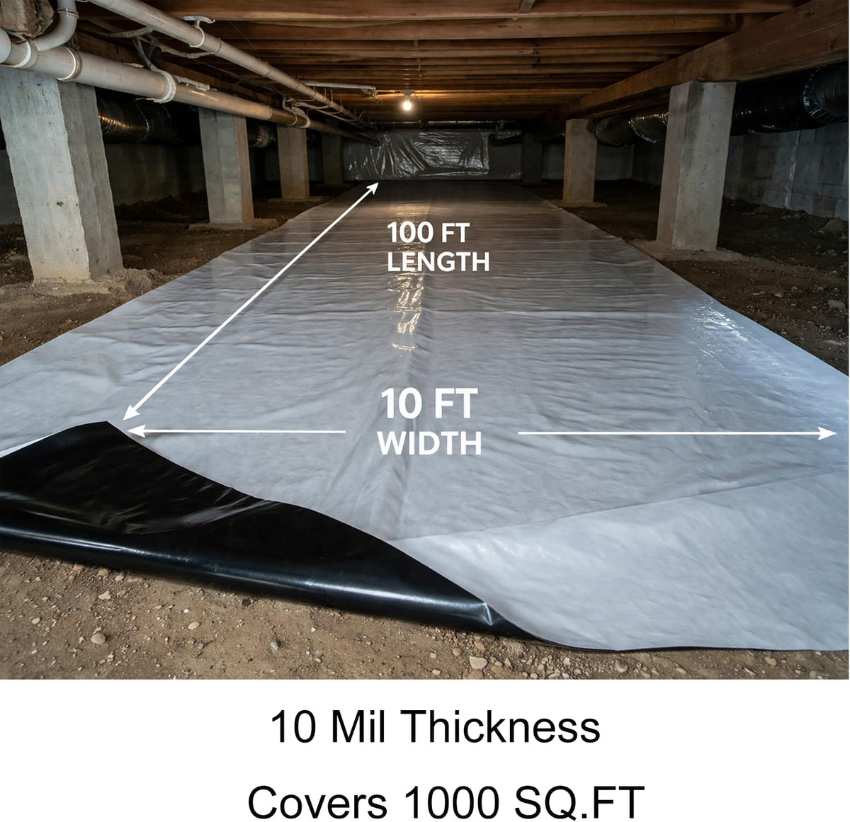 Crawl Space Vapor Barrier Kit 10 ft x 100 ft, 10 Mil Thick Plastic Sheeting with 2 in x 65 ft Sealing Tape, Black & White Poly Film for Crawlspace Encapsulation & Ground Moisture Control