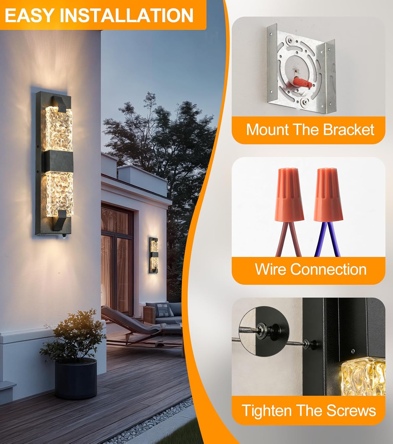 2 Pack Black Outdoor Wall Light 18.5" Dusk to Dawn Outdoor Lighting, Modern Crystal Ripple Porch Lights Outdoor Hardwired Non-Solar IP65 Waterproof Exterior Wall Sconce for House Garage Entryway Black 18.5IN (2 Pack)