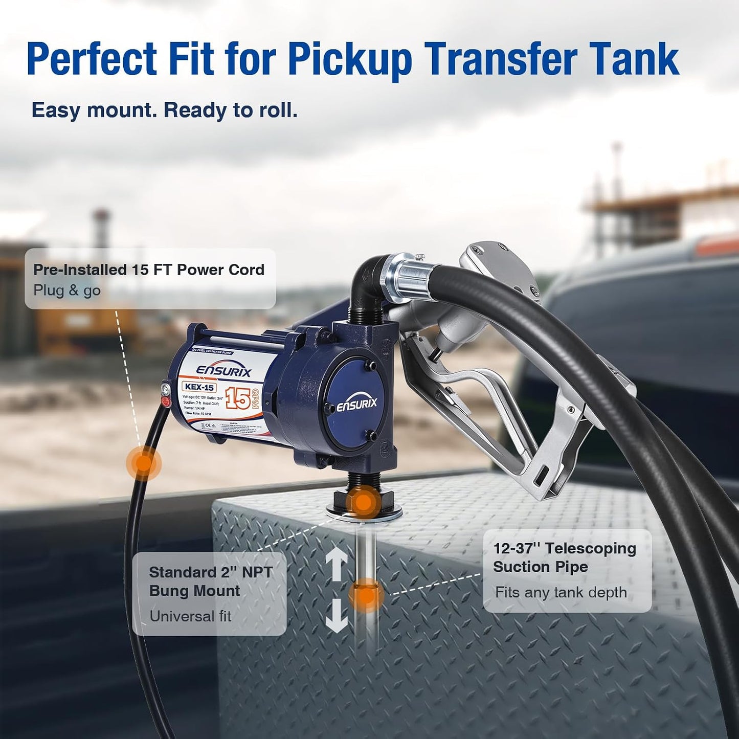12V Fuel Transfer Pump 15 GPM, Diesel Transfer Pump 12 Volt with High Flow Manual Nozzle, Hose & Filter, Electric Gasoline Transfer Pump Kit for Fuel Tank, Gasoline, Diesel, Kerosene