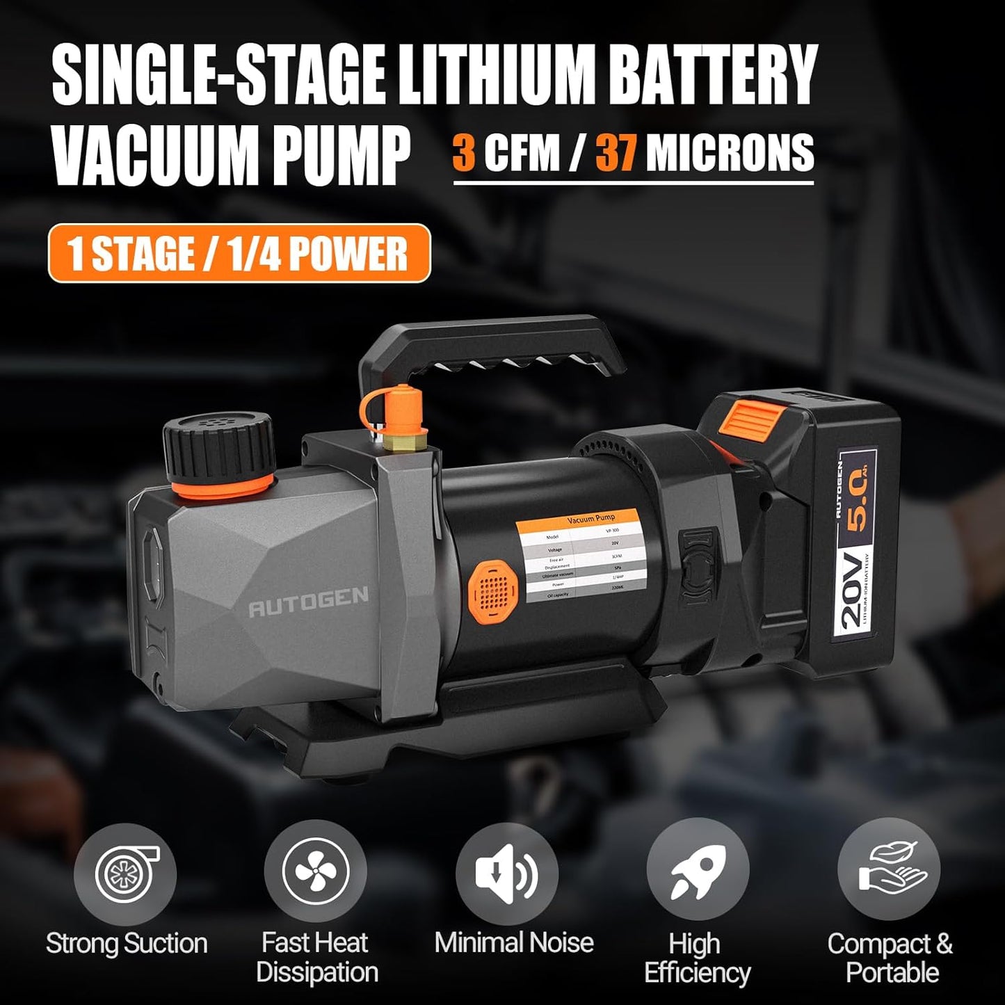 Single-Stage Vacuum Pump 3CFM 20V Lithium Battery DC Inverter 60 microns 1/4HP for Air Conditioner Refrigerant HVAC