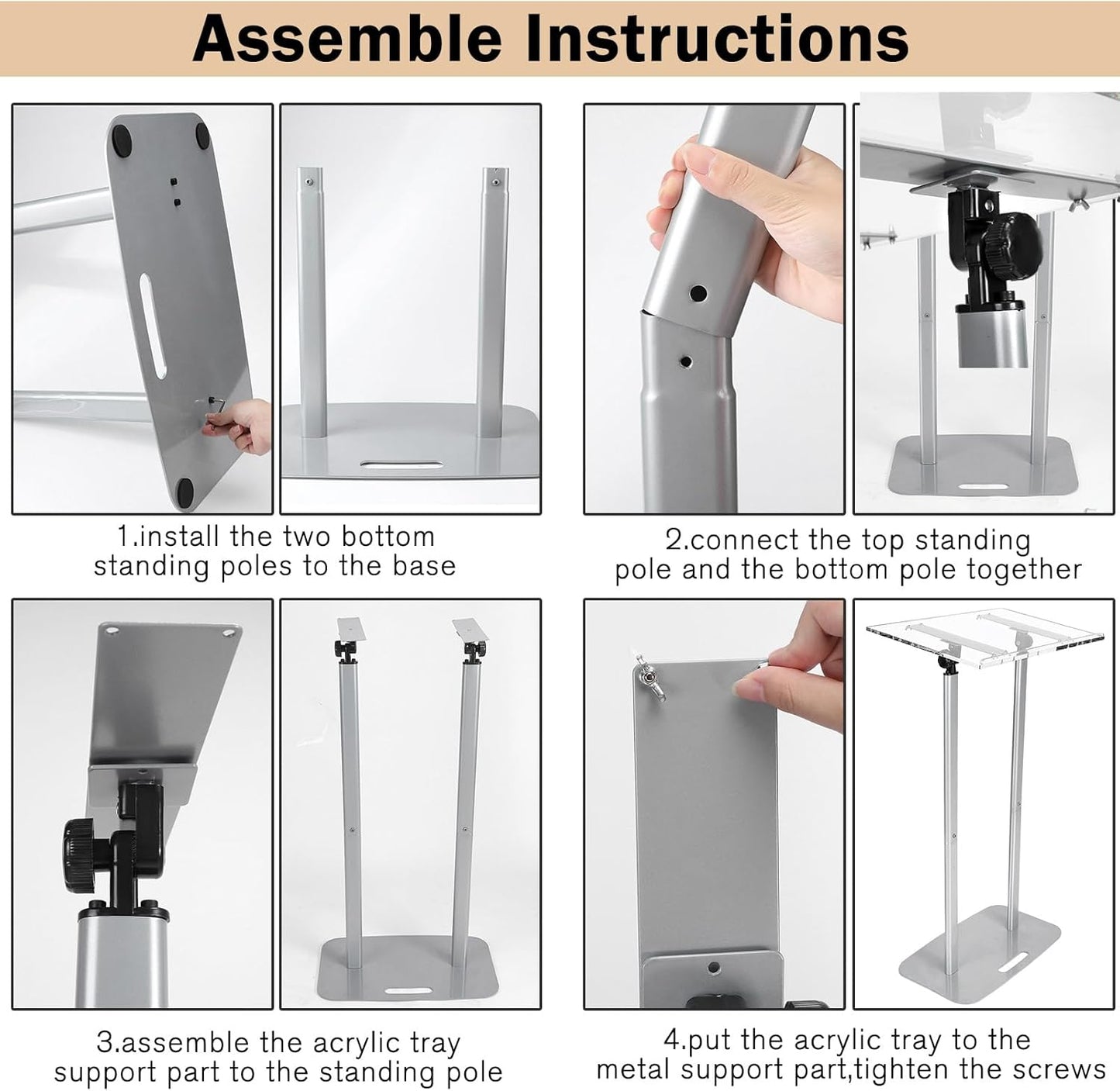 Kigley Acrylic Podium Stand Clear Podium Lectern 43.3&#39;&#39; Tall Floor Standing Speaking Podium with Adjustable Angle 30-90 Slanted Top Silver