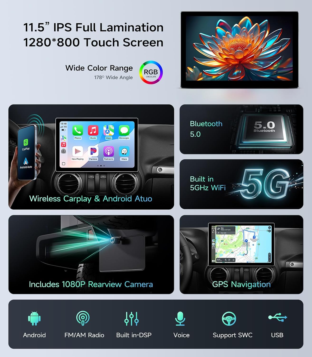 11.5 Inch 8-Core Car Stereo Radio for Jeep Wrangler JK, Compass, Grand Cherokee, Dodge Ram, Support Wireless CarPlay & Android Auto, 5G WiFi, HD Touchscreen, GPS Navigation, HD Backup Camera