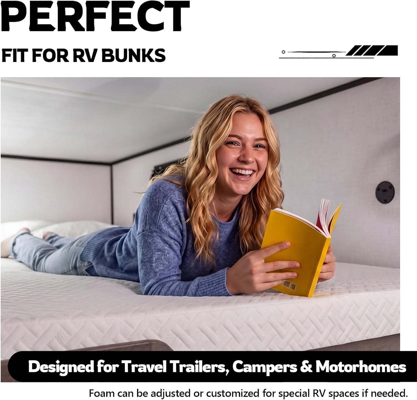 RV Corner Bunk Mattress, 4" Thick Memory Foam, Reversible Dual Comfort Design, Breathable Removable Cover, 51" W x 74" L with 22" Diagonal Corner Cut, for Campers & Trailers
