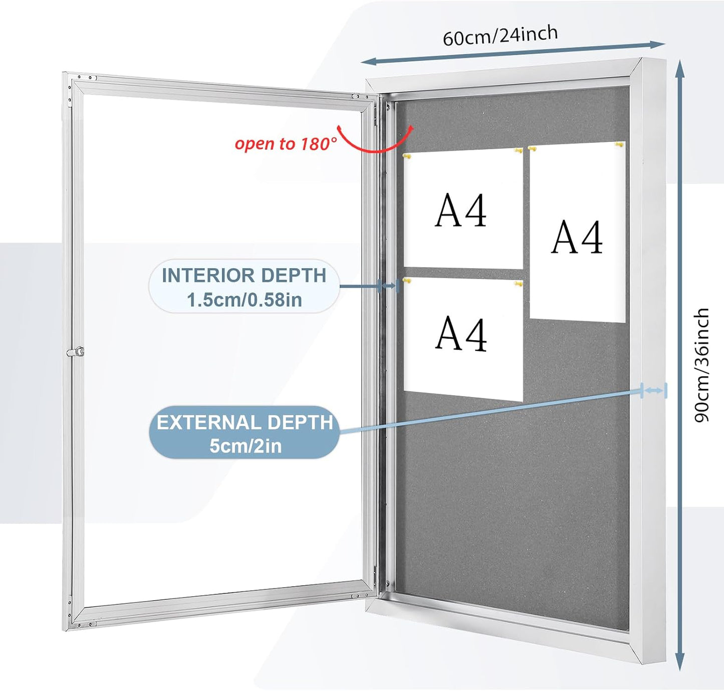 36x24 in Outdoor Bulletin Board Weatherproof Grey Felt Board | Enclosed, Tamperproof, Acrylic Locking Door, Silver Alu Frame, Wall-mounted Pin Board for Office Classroom Community Business Grey 36" x 24"
