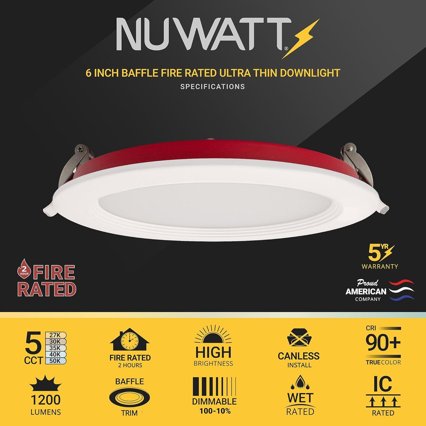 12 Pack, 6 Inch 2 Hour Fire Rated Ultra-Thin LED Baffle Trim Recessed Light, 2700K/3000K/3500K/4000K/5000K Selectable, Dimmable 1200LM, IC Rated, Wet