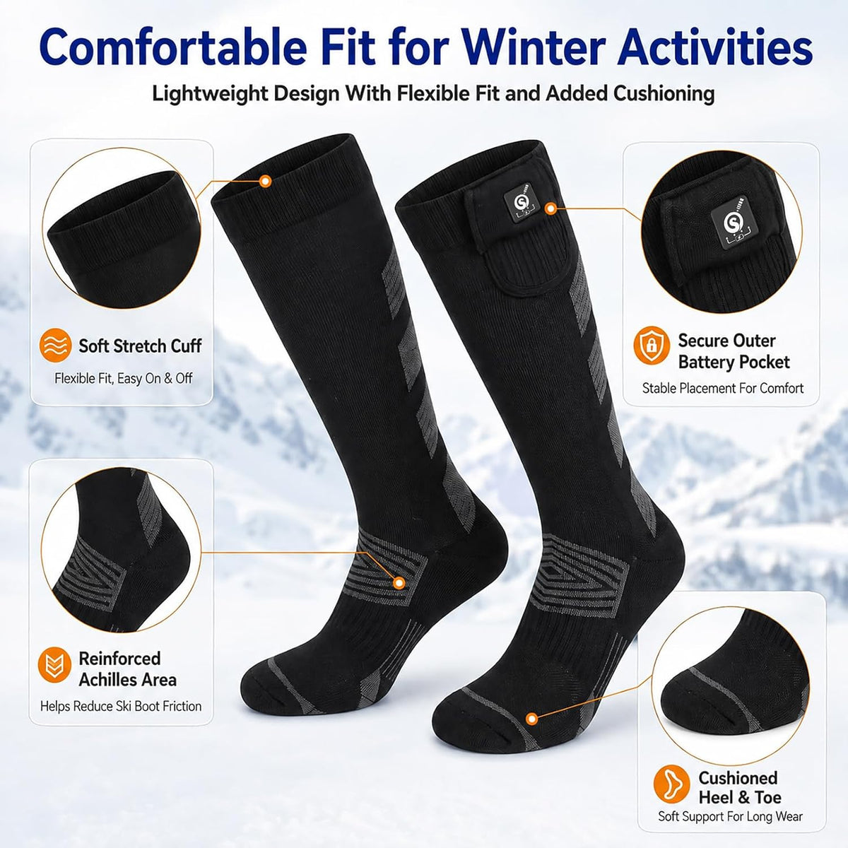 Sun Will Heated Socks for Men Women, 3 Heat Settings, USB Rechargeable Black Medium