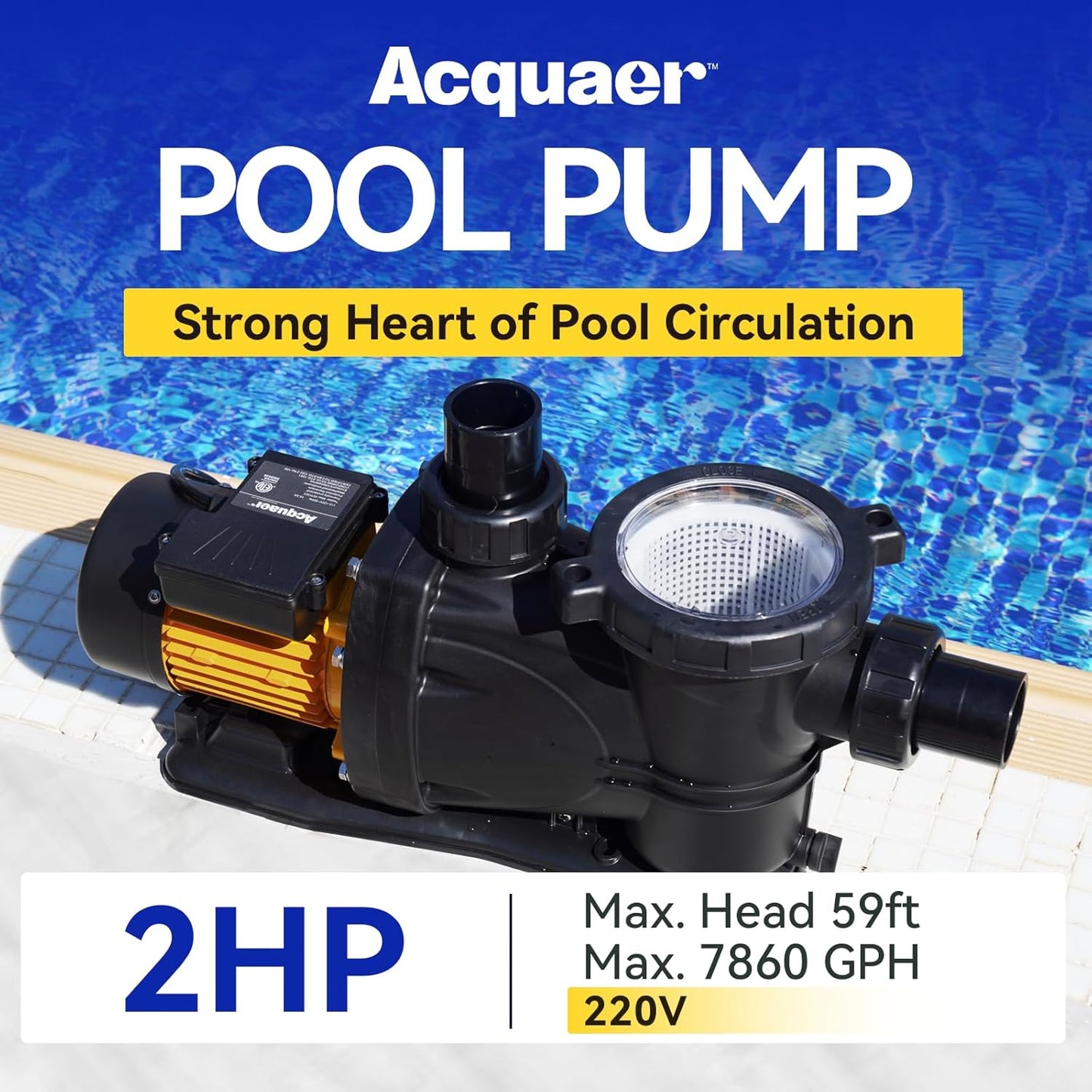 Acquaer 2 HP Pool Pump, 7860 GPH Above Ground Inground Swimming Pool Pump, 220V High Flow Single Speed Self Priming Pool Pump with Strainer Basket