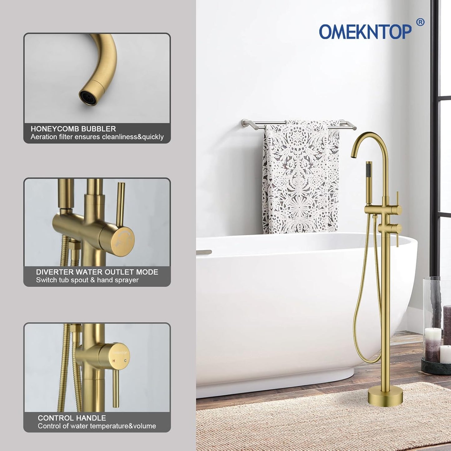 Freestanding Tub Faucets Gold Freestanding Tub Filler Freestanding Bathtub Faucet Floor Mount Bathroom Faucet with Hand Shower Sprayer Freestanding