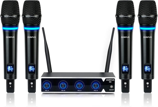 ZERFUN G8 Rechargeable Wireless Microphone System 4 Channel, UHF Metal Karaoke Cordless Mics Professional Handheld for Singing Church, VOL Control,