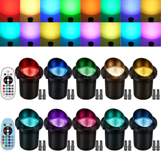 RGBW Low Voltage Landscape Lights, 10W Color Changing LED Well Lights with 40 Connectors, IP68 Waterproof Outdoor In-Ground Lights for Pathway Garden Yard Tree, 12V-24V (10 Pack)