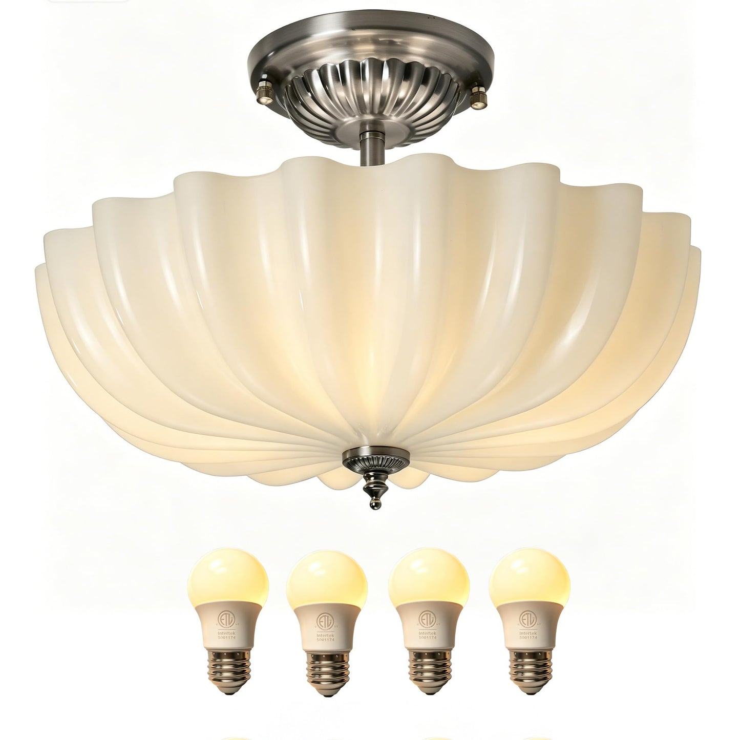 15.75-Inch Brushed Nickel Semi Flush Mount Ceiling Light Milk Glass Lampshade Fixture Mid Century Modern 4-Light (Dimmable 4 Bulb is Included) for Hallway Bedroom Foyer Entryway Kitchen Satin Nickel