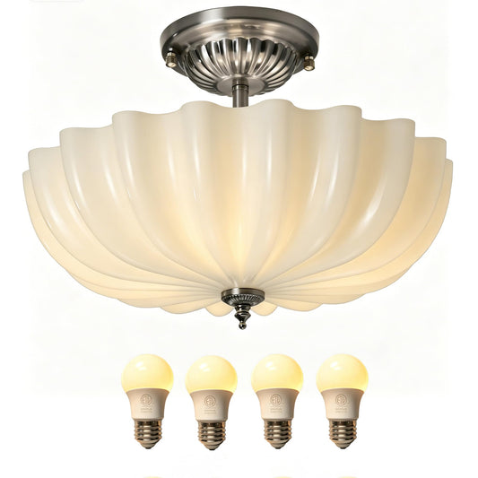 15.75-Inch Brushed Nickel Semi Flush Mount Ceiling Light Milk Glass Lampshade Fixture Mid Century Modern 4-Light (Dimmable 4 Bulb is Included) for Hallway Bedroom Foyer Entryway Kitchen Satin Nickel