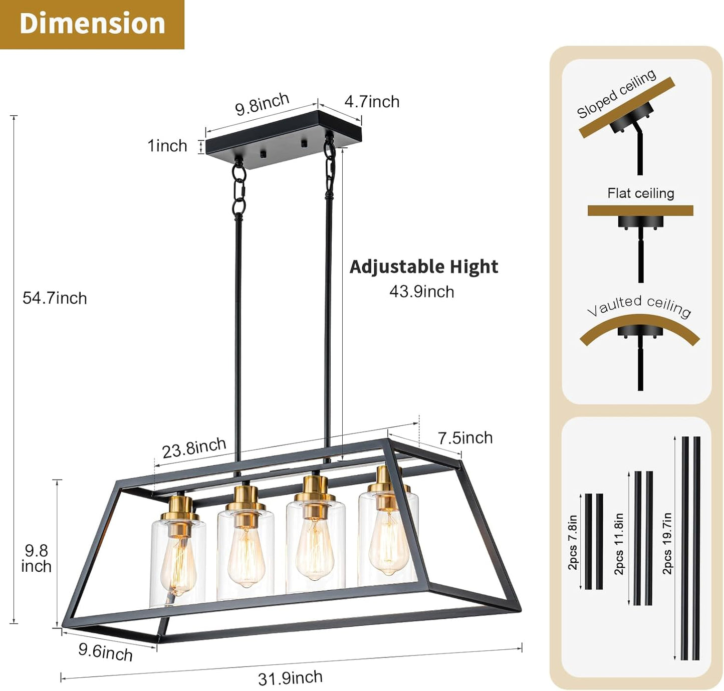 Farmhouse Chandeliers for Dining Room Rustic Kitchen Island Light Fixture 4-Light Linear Pendant Lighting Black Metal