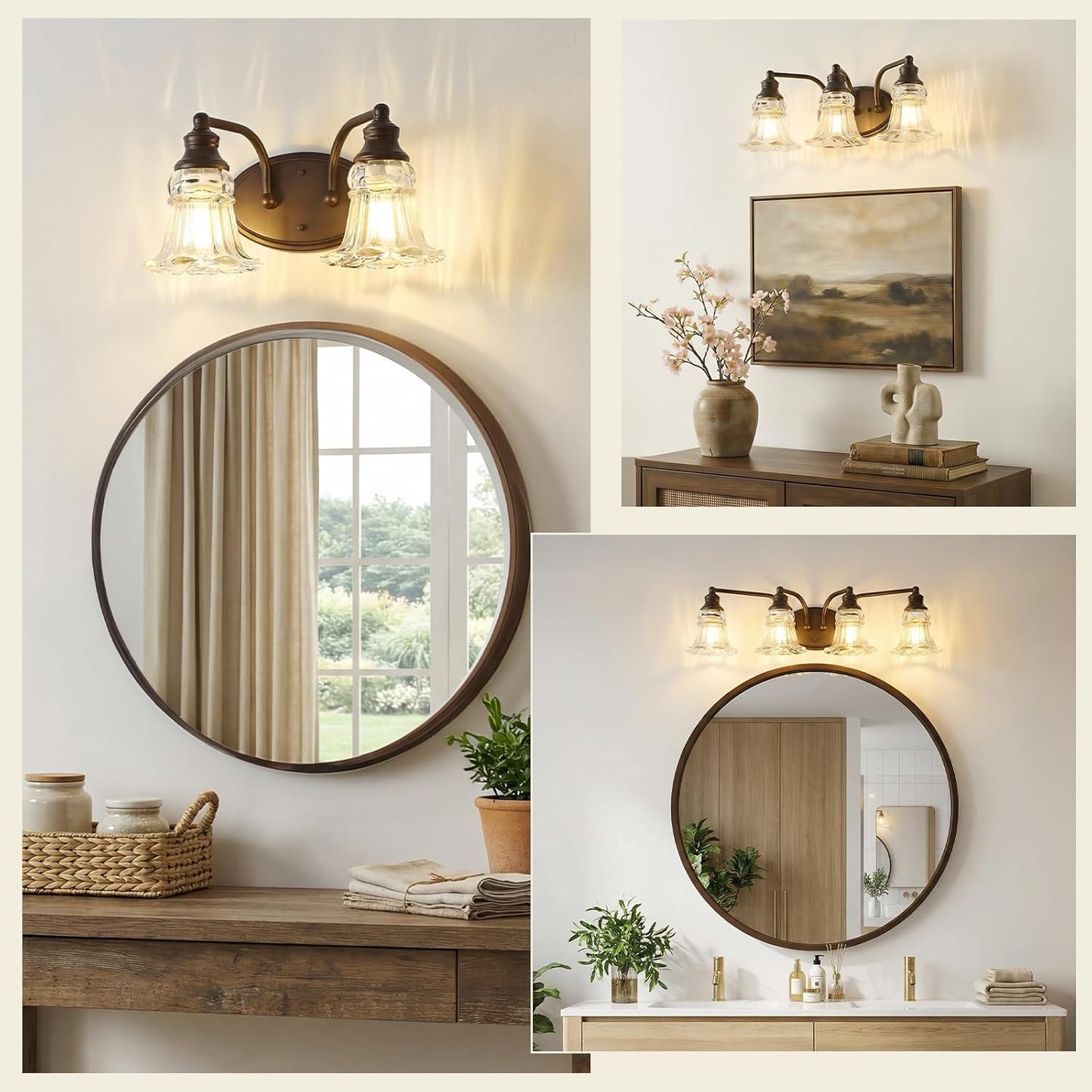 3-Light Bathroom Light Fixtures Over Mirror, Vintage Vanity Lights with Clear Floral Glass Shades, Oil Rubbed Bronze Oil-Rubbed Bronze 3-Light