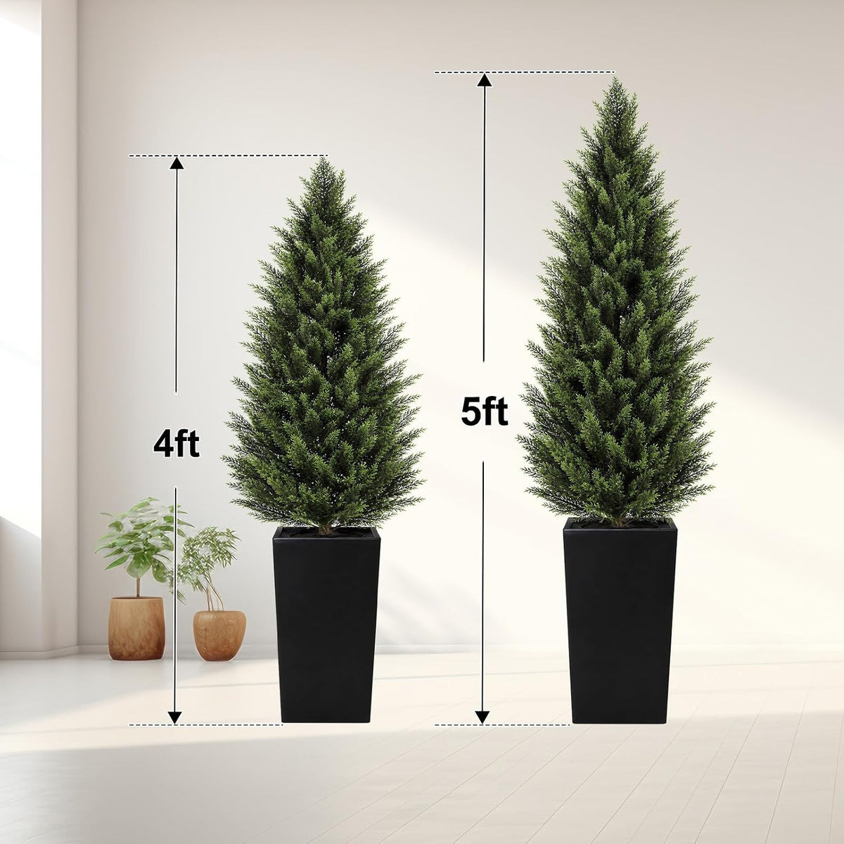 4FT Artificial Cedar Topiary Trees 2 Pack, Realistic Faux Cypress Trees with Square Black Planter Pot, UV Resistant Outdoor Evergreen Plants for Front Porch Patio Garden Landscape Decor Black Square Planter 4ft