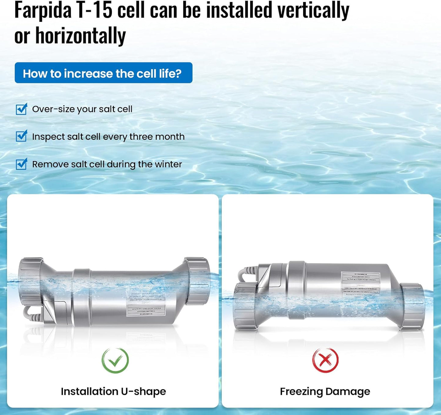 T-15 Salt Cell Replacement for Hayward W3T-CELL-15, 3+ Year Titanium Core, Cuts Chlorine Costs Up to 56%, Compatible with AquaRite/AquaTrol/ProLogic/AQ-Logic Firmware 1.50+, 40,000 Gallon Pools